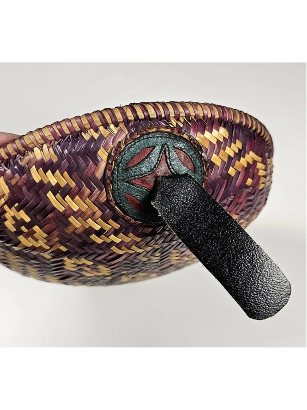 Vintage Hand-Coiled Southwestern Decorative Basket Bowl with Leather Medallion